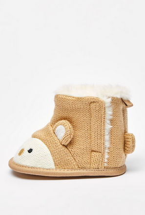 Bear Applique Booties with Faux Fur Lining
