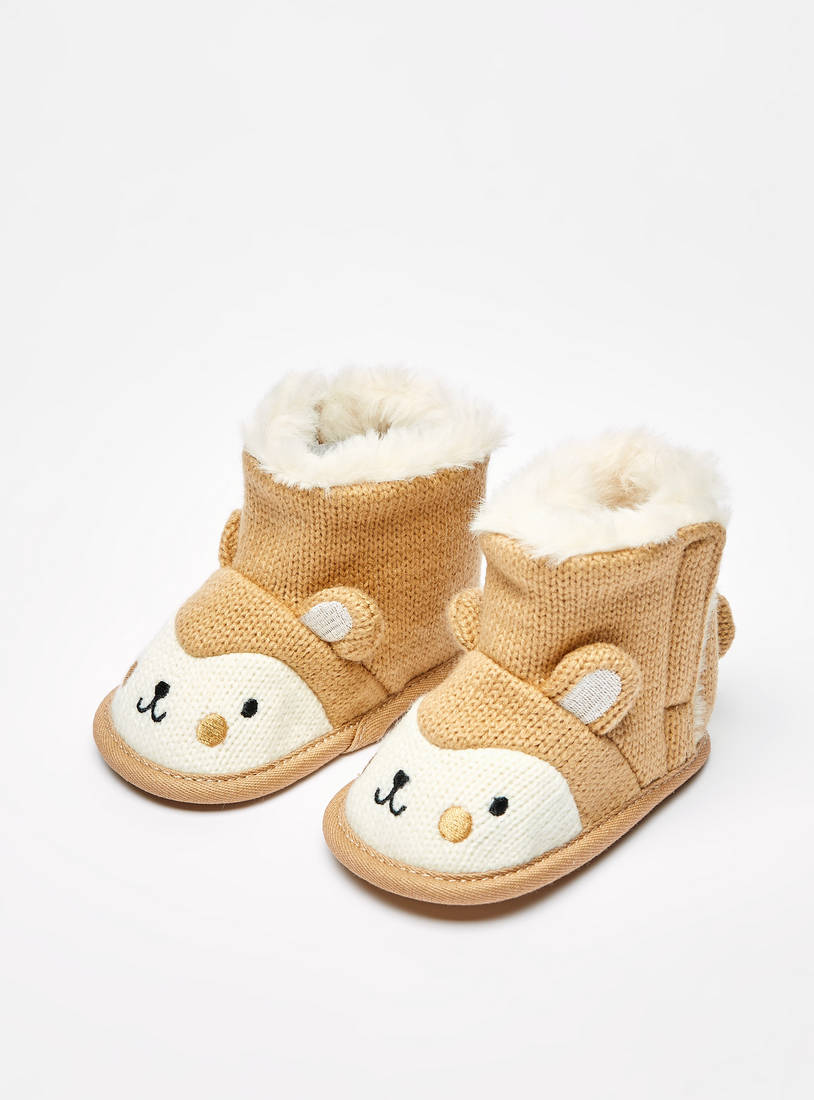 Bear Applique Booties with Faux Fur Lining-Booties-image-1
