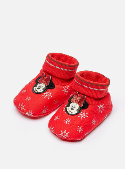 Snowflake Print Booties with Minnie Mouse Applique-Booties-image-1