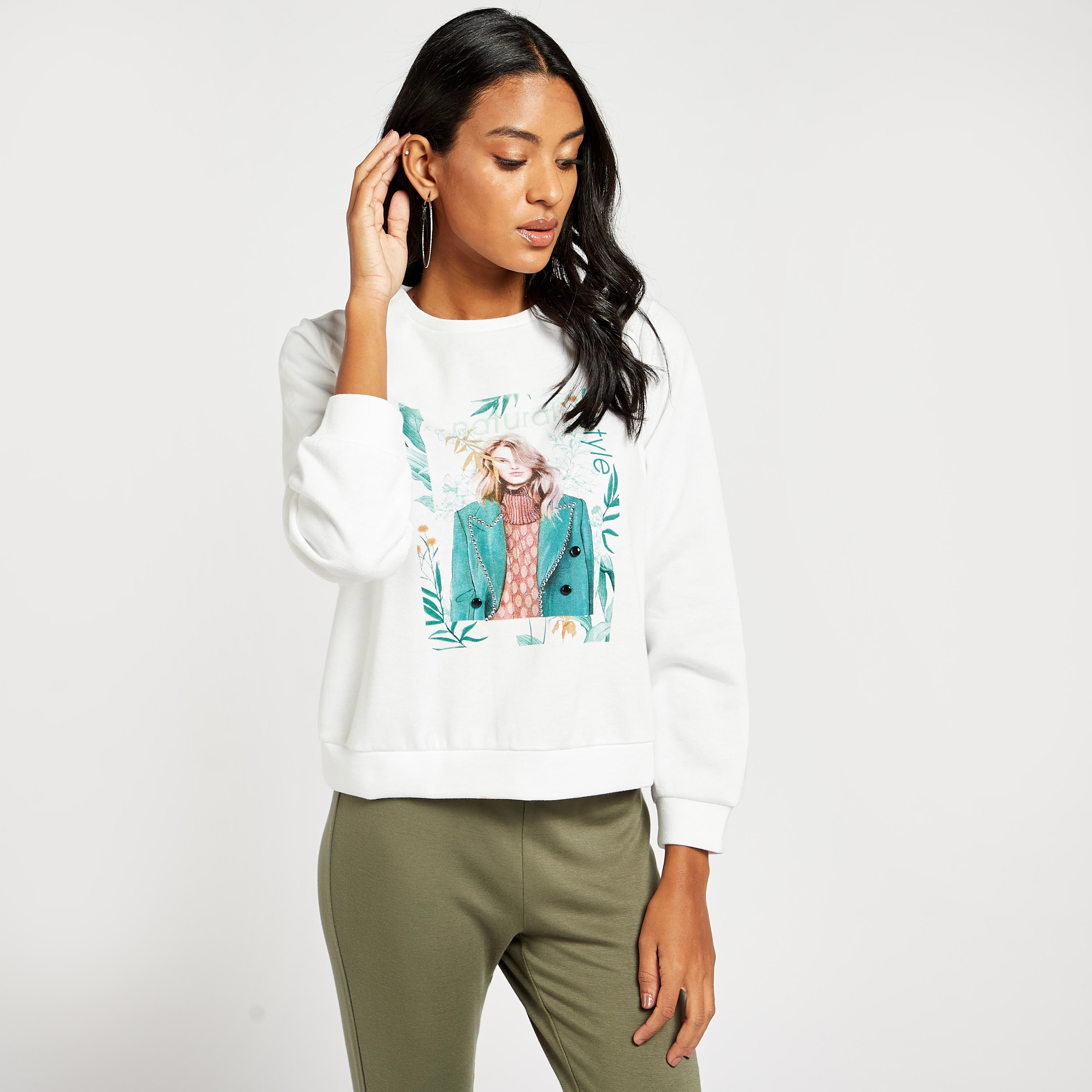 Shop Graphic Print Sweat Top with Round Neck and Long Sleeves