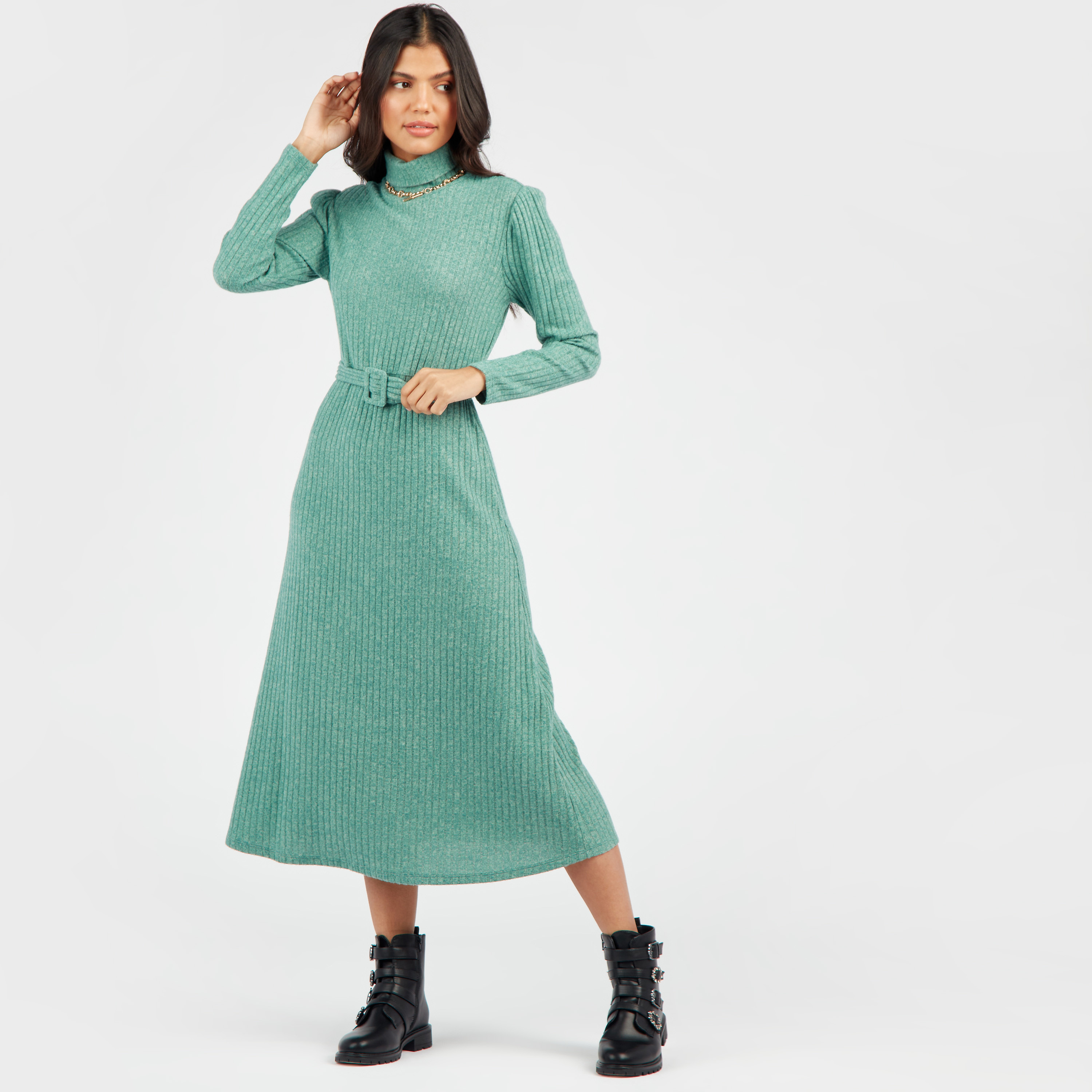 High neck cheap ribbed midi dress