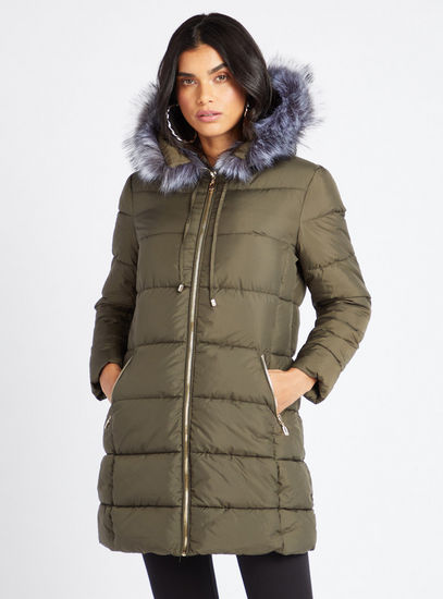 Quilted Parka Jacket with Hooded Neck and Fur Detail