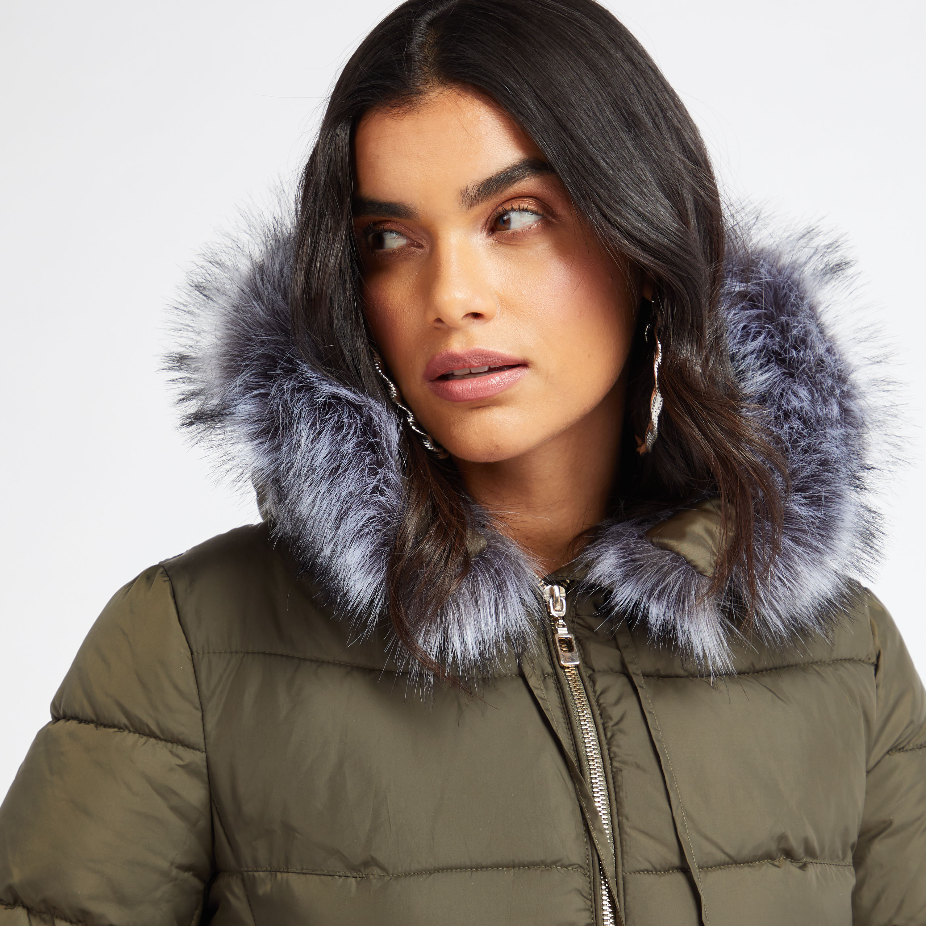 Shop Quilted Parka Jacket with Hooded Neck and Fur Detail Online