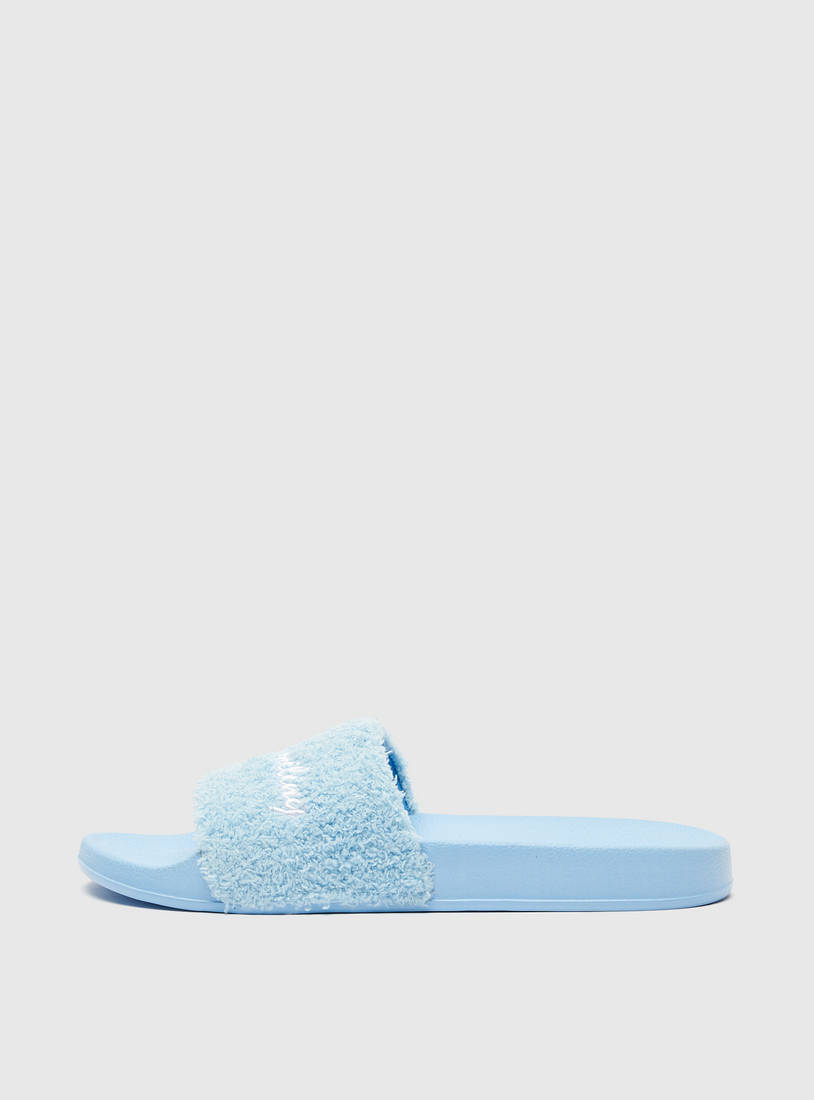 Embroidered Beach Slides with Fur Detail-Flip Flops-image-0