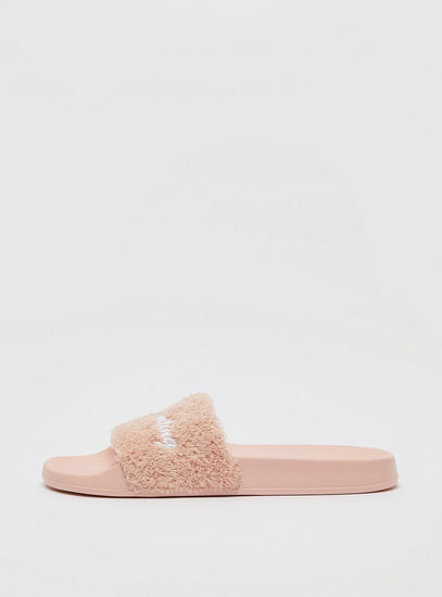 Embroidered Beach Slides with Fur Detail