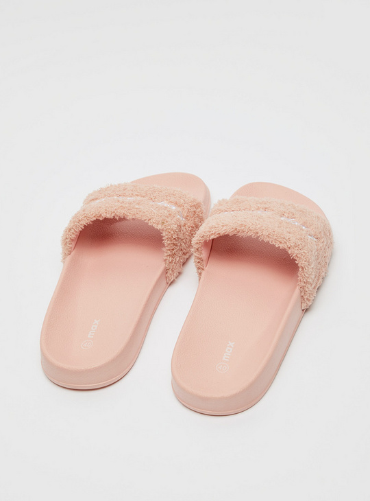 Embroidered Beach Slides with Fur Detail