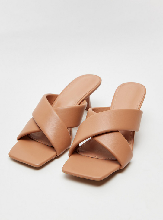Solid Slip-On Heel Sandals with Cross Strap Detail