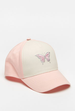 Embroidered Butterfly Detail Cap with Hook and Loop Closure
