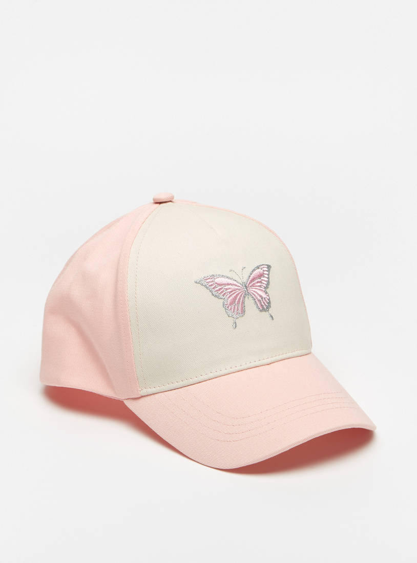 Embroidered Butterfly Detail Cap with Hook and Loop Closure-Caps & Hats-image-0