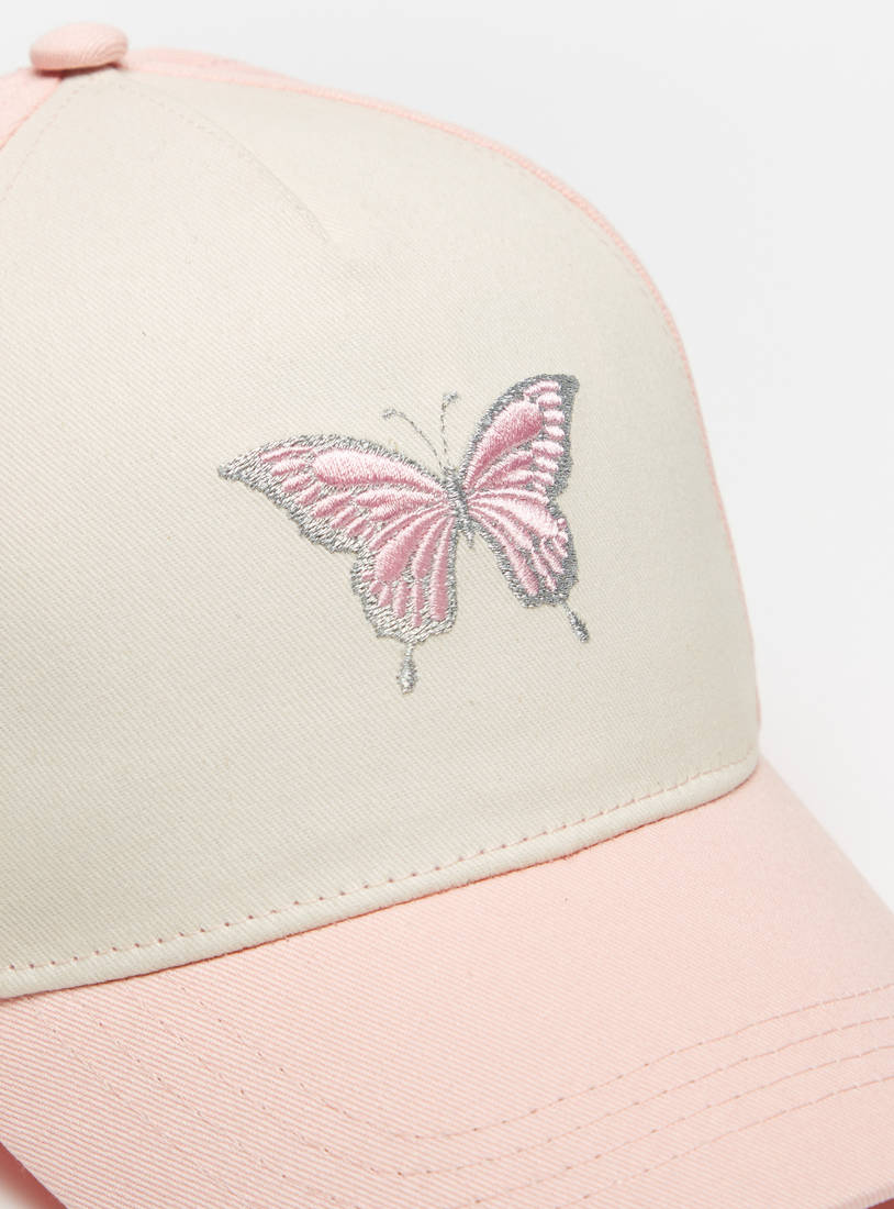 Embroidered Butterfly Detail Cap with Hook and Loop Closure-Caps & Hats-image-1