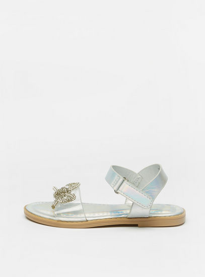 Embellished Bow Accented Sandals with Hook and Loop Closure-Sandals-image-0
