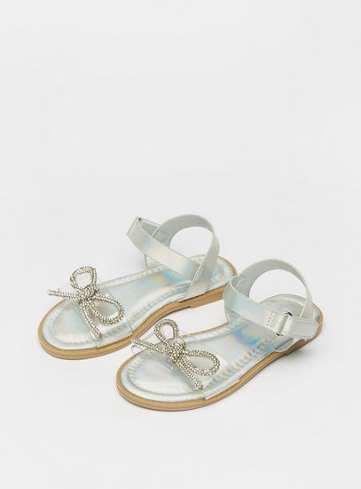 Embellished Bow Accented Sandals with Hook and Loop Closure-Sandals-image-1